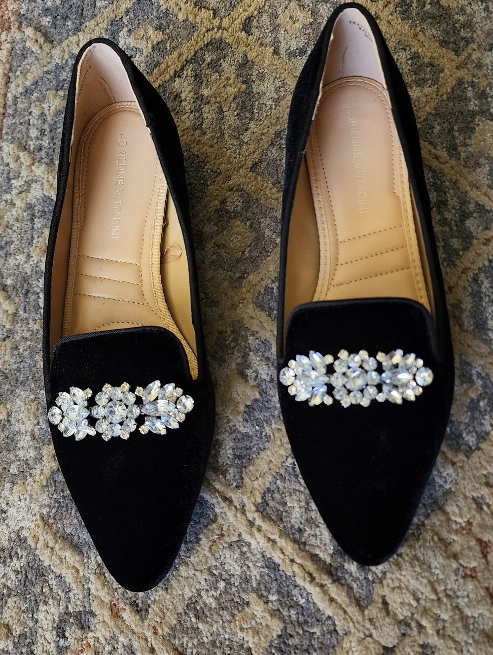 Adrienne Vittadini Black Velvet Pointed-Toe Flats with Crystal Applique